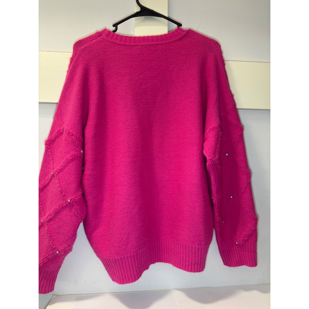 Nanette Lepore Hot Pink Rhinestone Knit Crewneck Sweater XL Feminine Barbiecore - Picture 3 of 13
